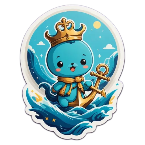 A blue character in a circle is wearing a crown and holding an anchor.