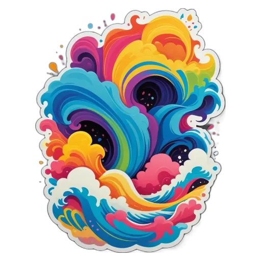 A colorful sticker of a wave with a black background.