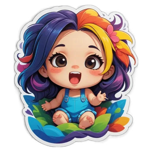 A colorful cartoon girl is sitting on a flower and smiling.