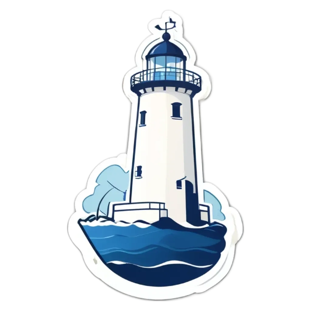 A white lighthouse is on a black background.