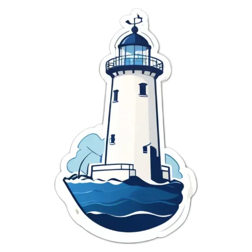 A white lighthouse is on a black background.