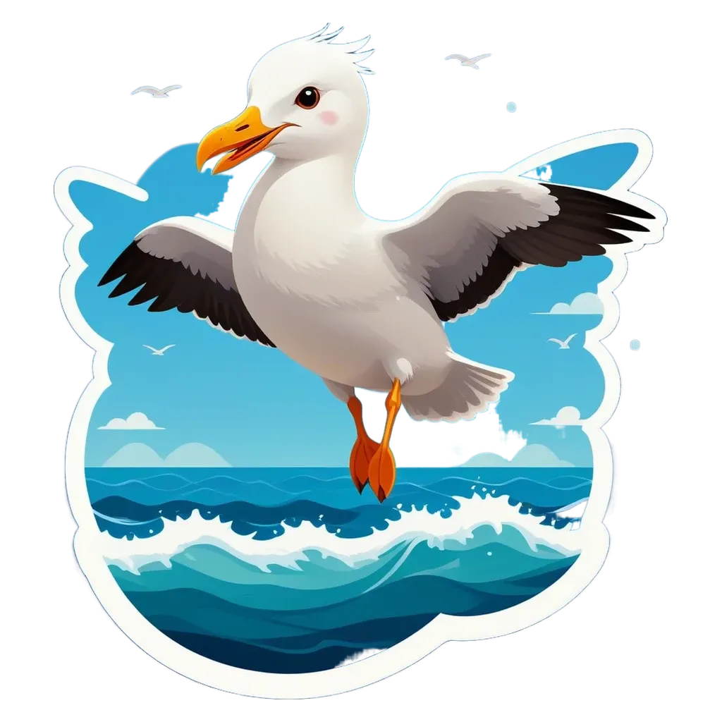 A white bird with an orange beak flying over a blue ocean.