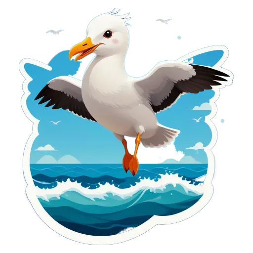 A white bird with an orange beak flying over a blue ocean.