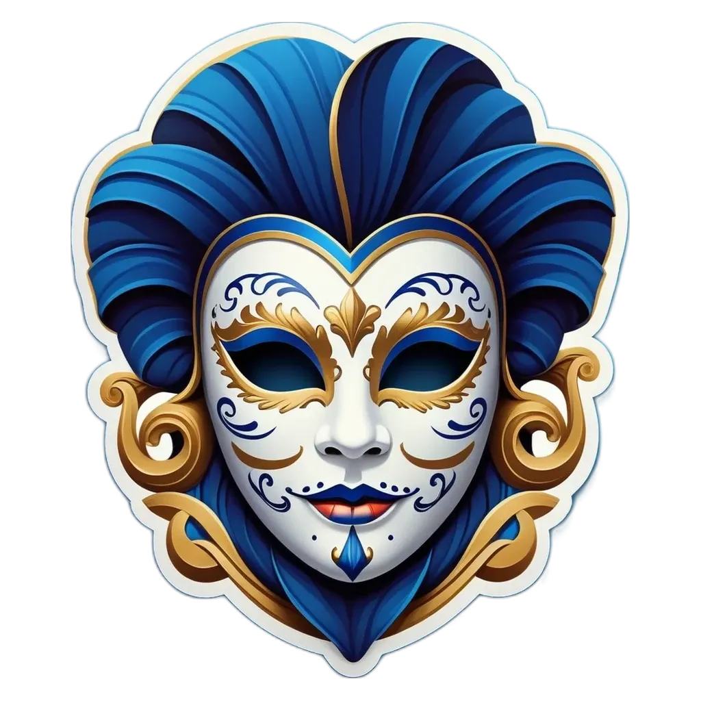 A blue and gold mask with a face on it.