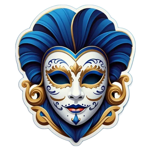 A blue and gold mask with a face on it.