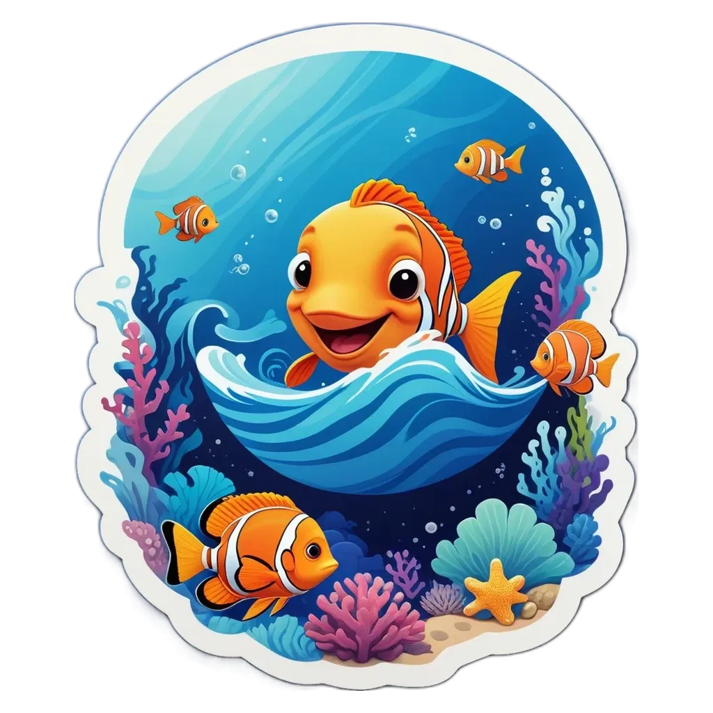 A fish with a smiley face sticker is swimming with other fish.