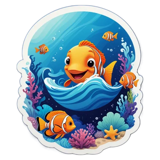 A fish with a smiley face sticker is swimming with other fish.