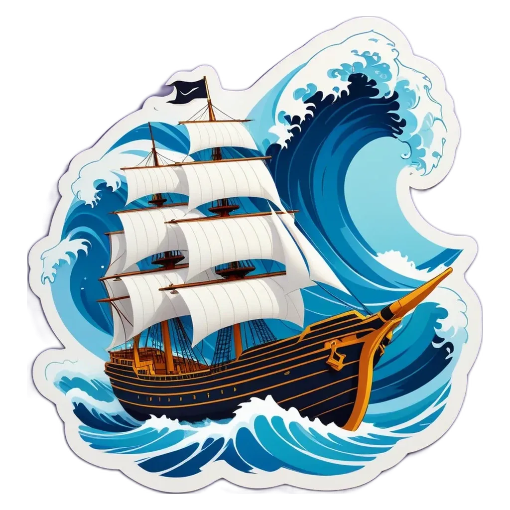 A sticker of a ship in a wave with a black flag.