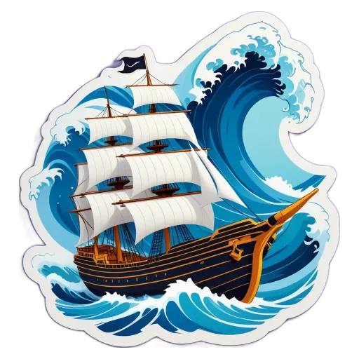 A sticker of a ship in a wave with a black flag.