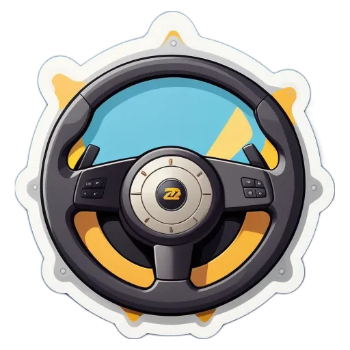 A steering wheel is depicted with a circle sticker in the center.