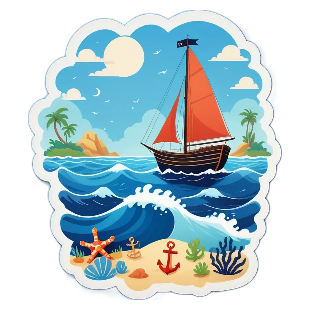 A sticker of a sailboat on a beach with starfish and an anchor.