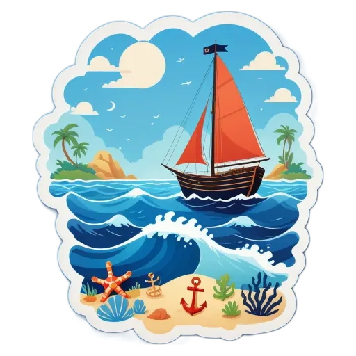 A sticker of a sailboat on a beach with starfish and an anchor.