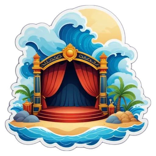 A stage with a red curtain on the left side of it.