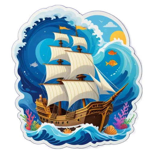 A sticker of a ship in a ocean with fish.