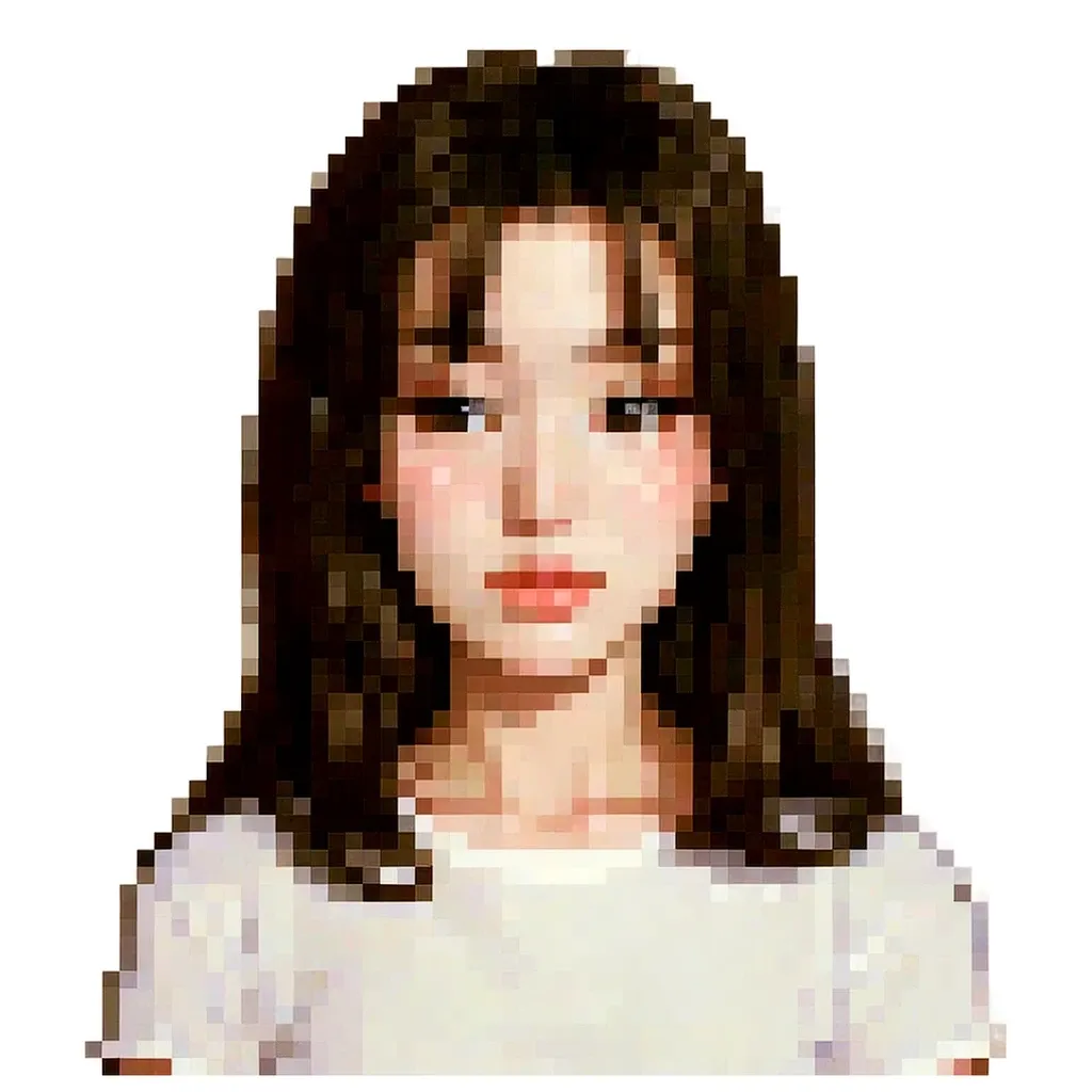 A girl with long hair that is pixely in photo.