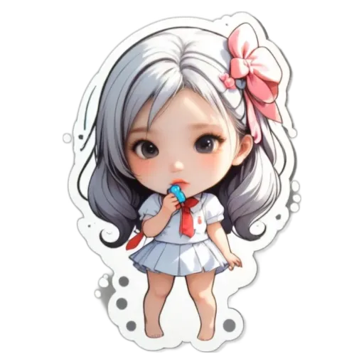 A girl with a bow in her hair and a sticker on her that is a little girl.