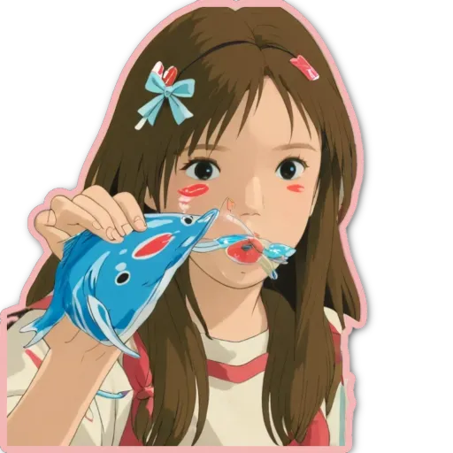A girl with a fishy smell on her face is drinking from a blue fish.