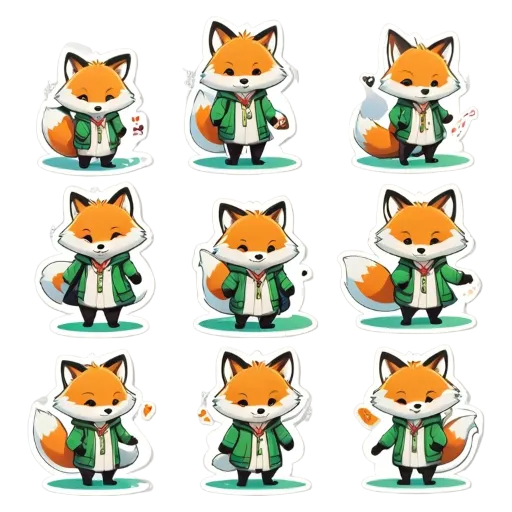 A collection of cartoon foxes are lined up in a row.