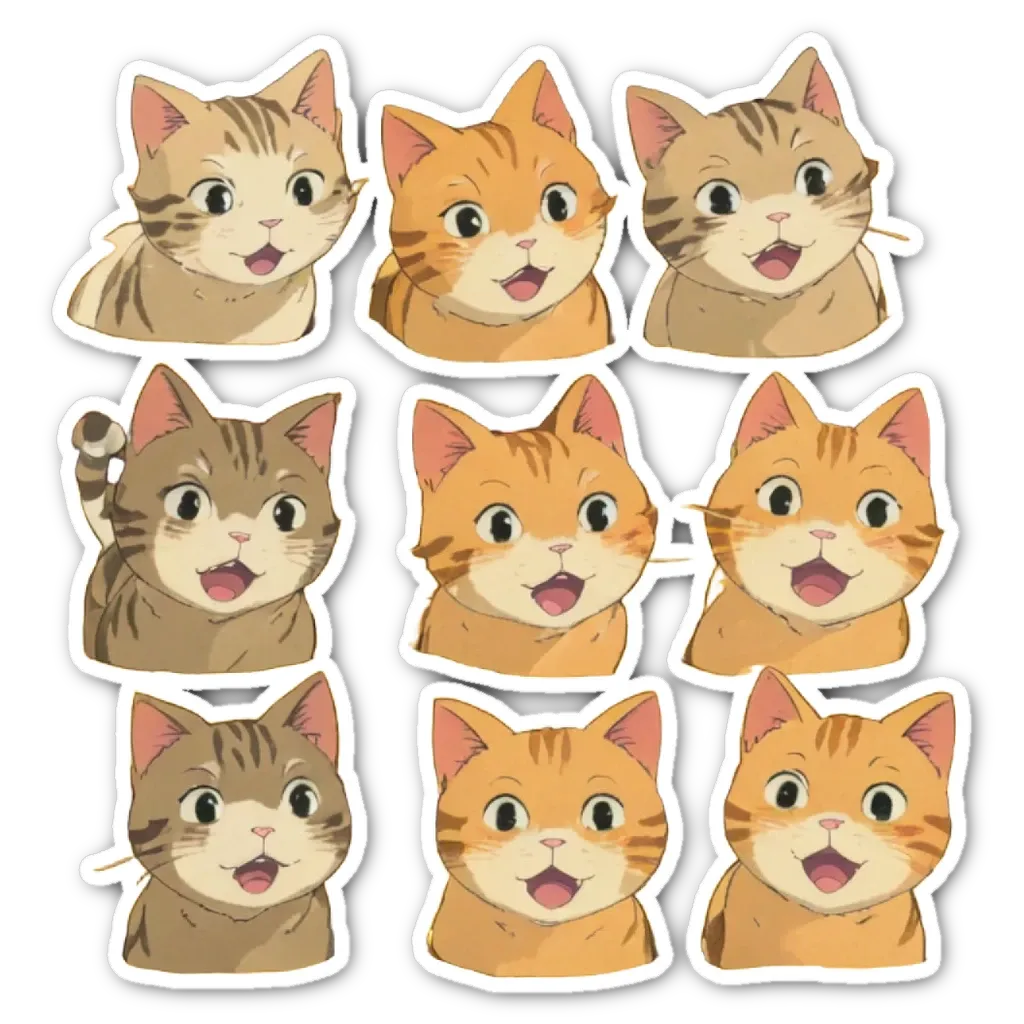 A set of nine cartoon cat stickers with one cat after the other.