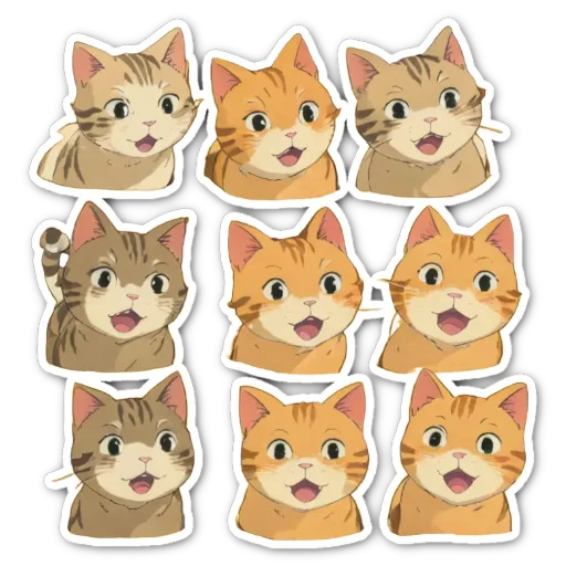 A set of nine cartoon cat stickers with one cat after the other.