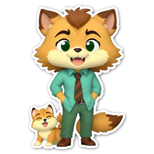 A cartoon fox with a tie and a cat on his lap.