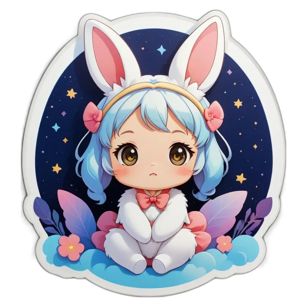 A bunny with a white dress and a bow on her head is sitting in the clouds.