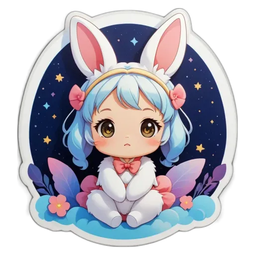 A bunny with a white dress and a bow on her head is sitting in the clouds.