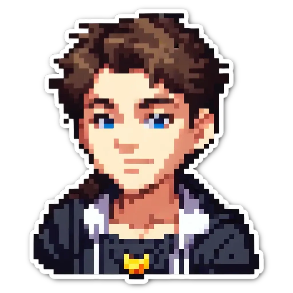 A boy in a black and white shirt with a yellow cat in the middle of his hair.