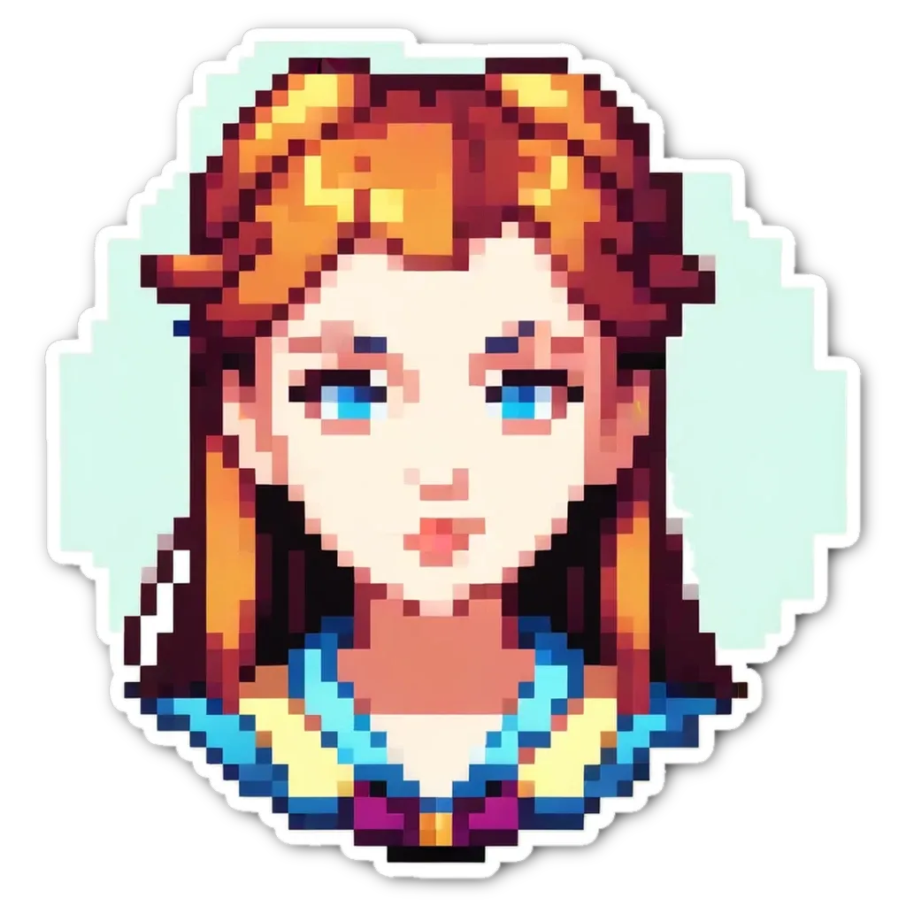 An orange and blue girl with a big smile on her face.