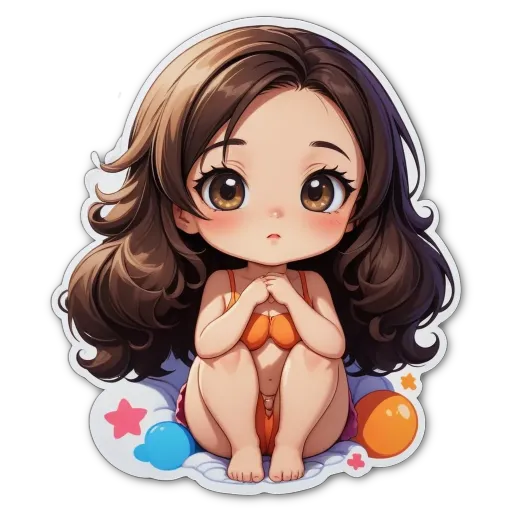 A girl is sitting in an orange bikini on a black background.