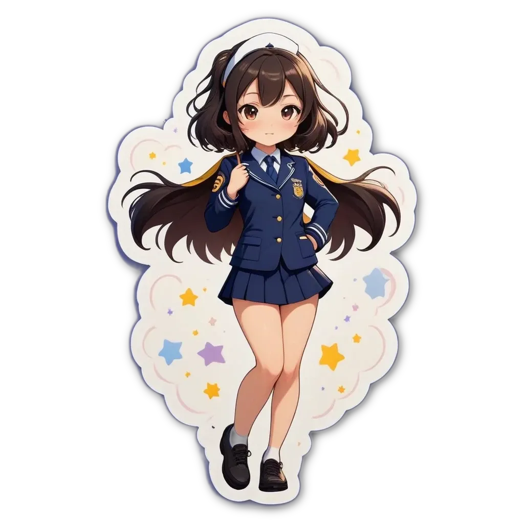 A girl in a uniform standing in front of a black background with stars.