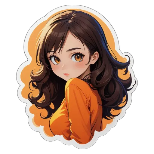 An cartoon girl with long hair wearing an orange shirt.