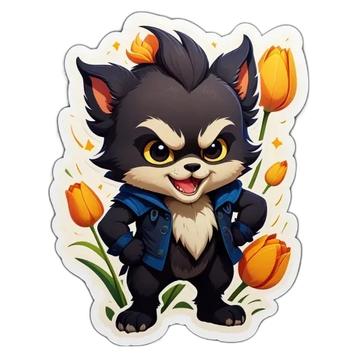 A cartoon depiction of a cat standing in front of flowers with yellow eyes and a blue jacket.