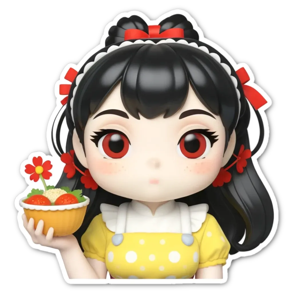 A sticker of a girl that has a bowl on her.
