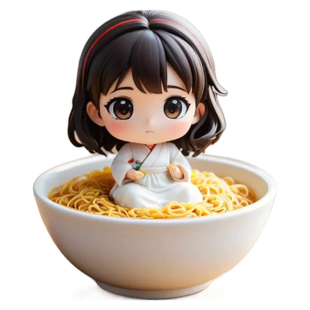 A girl is sitting on top of a bowl of noodles.