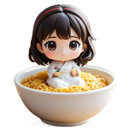 A girl is sitting on top of a bowl of noodles.