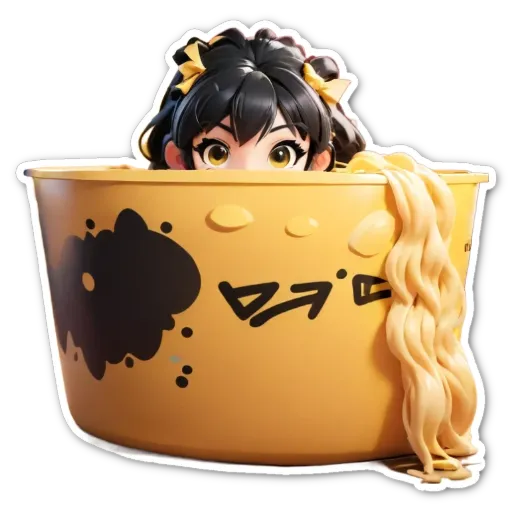 A character swims in a bowl of noodles.