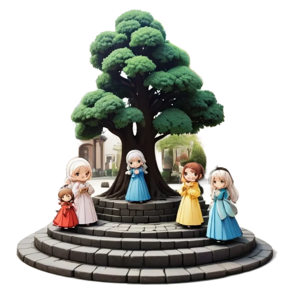 Five girls are standing around a tree in front of a house.