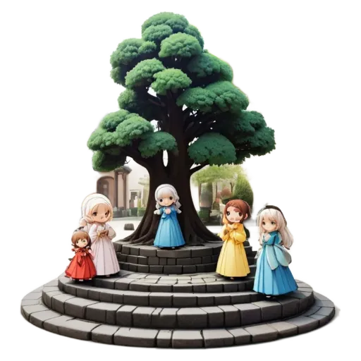 Five girls are standing around a tree in front of a house.
