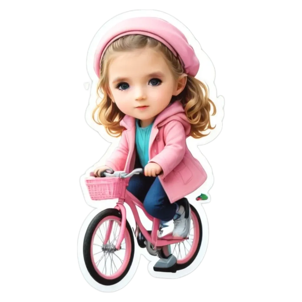 A girl is riding a bike down a street with a pink jacket and hat.