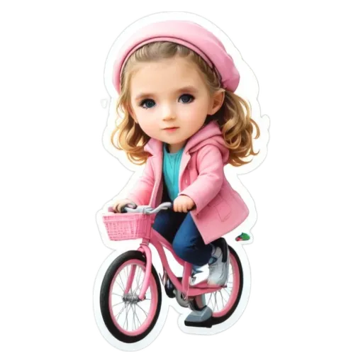 A girl is riding a bike down a street with a pink jacket and hat.