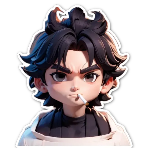 A boy with a cigarette and a frown on his face.