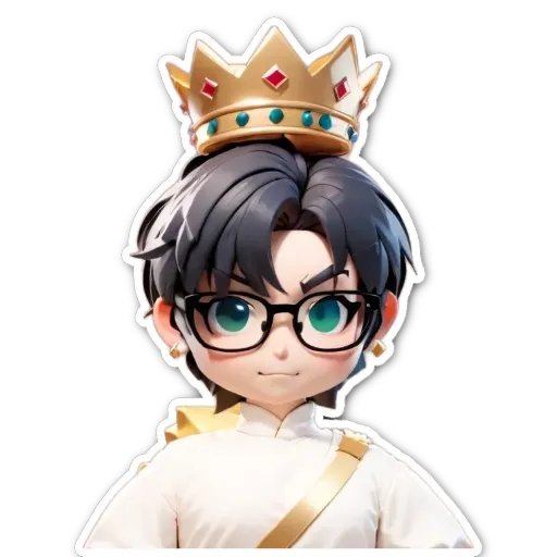 A boy wearing glasses and a white shirt with a gold crown on top.