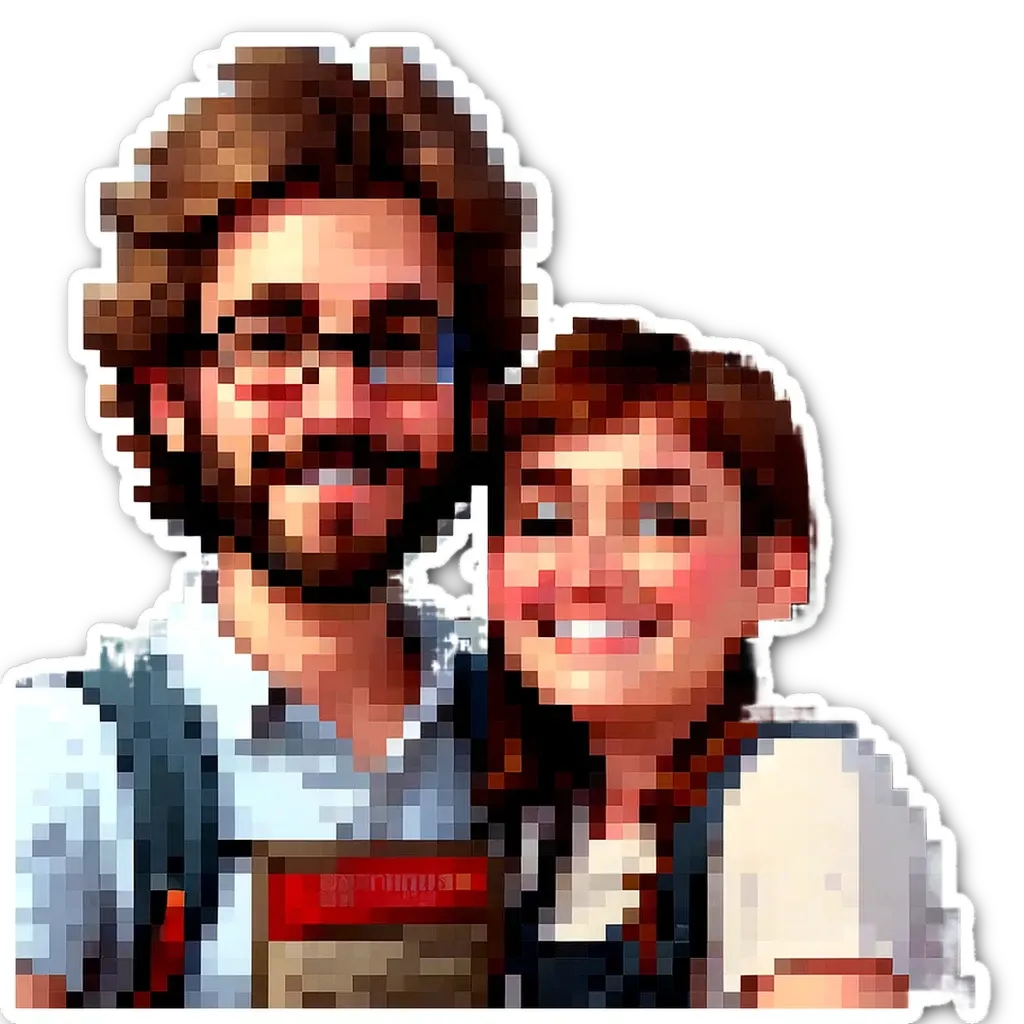 A man and a woman selfie using a GIMP sticker.