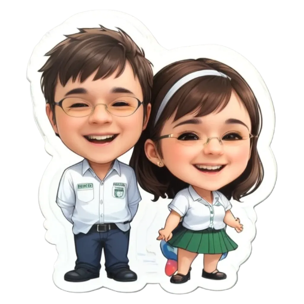 A boy and girl stickers are smiling for the camera.