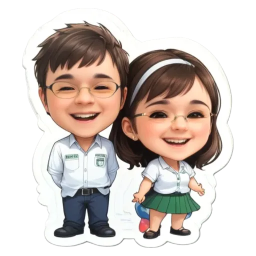 A boy and girl stickers are smiling for the camera.