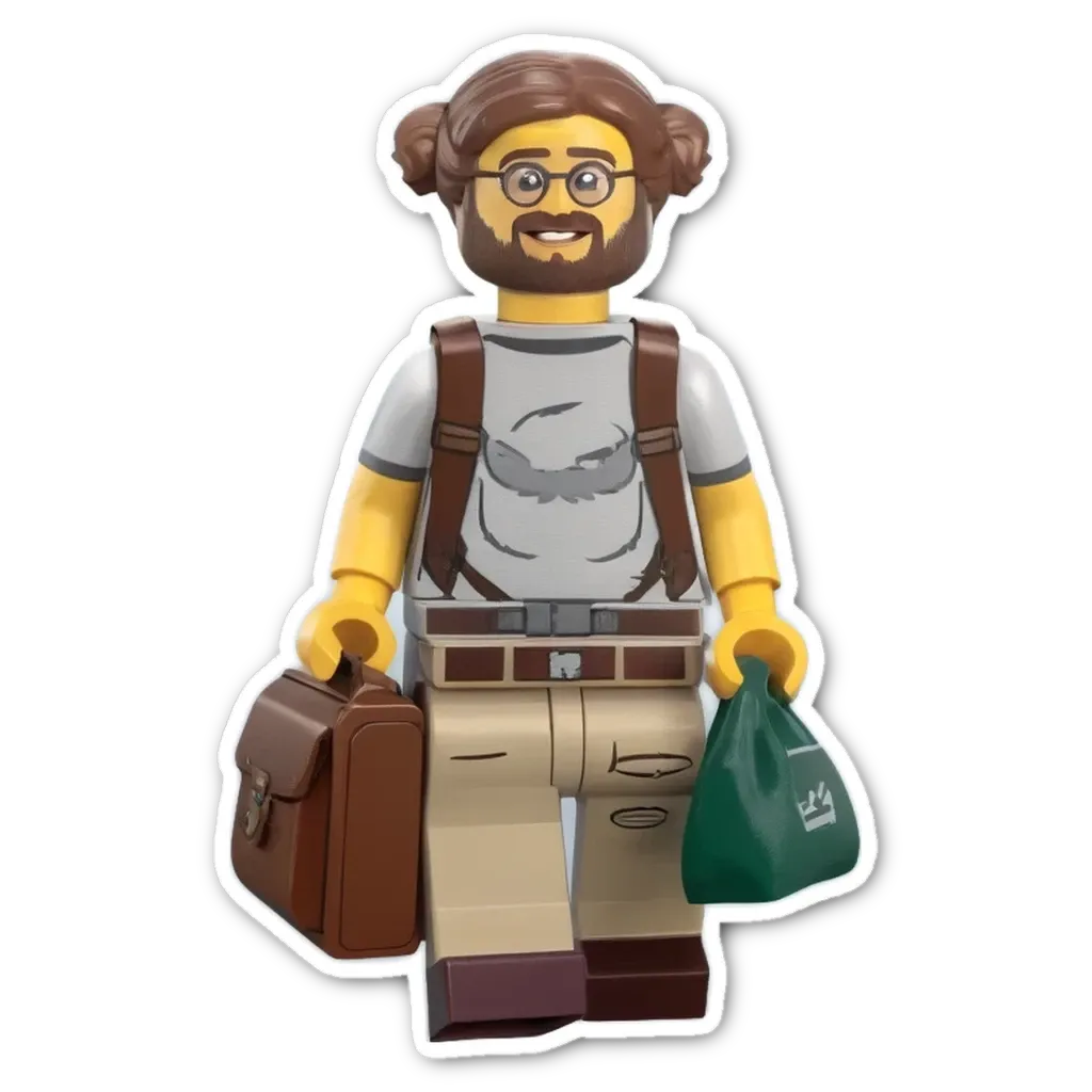 A lego person holding a green bag and standing by a suitcase.