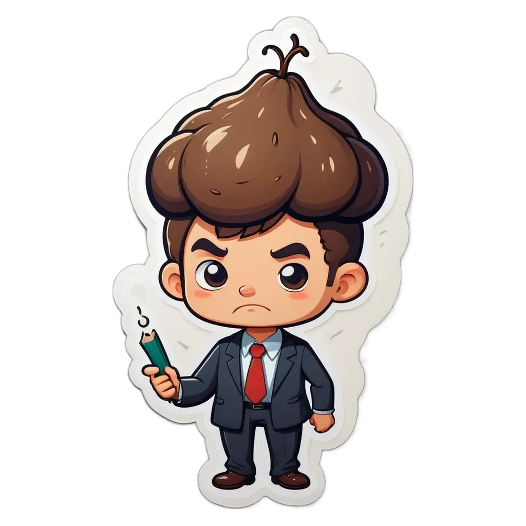 A boy with a pencil in his pencil case has a bad haircut and is angry.