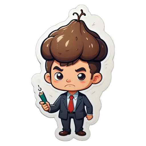 A boy with a pencil in his pencil case has a bad haircut and is angry.