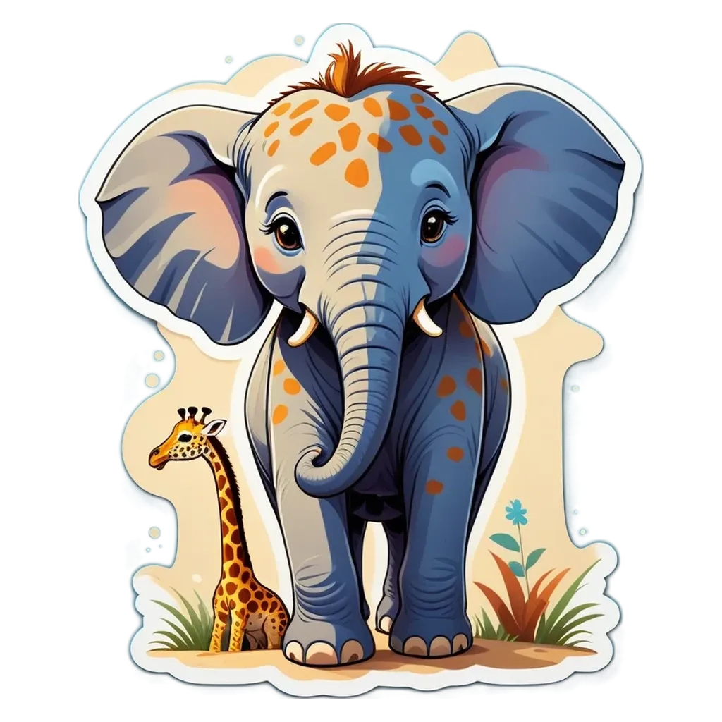 A cartoon picture of an elephant and giraffe.